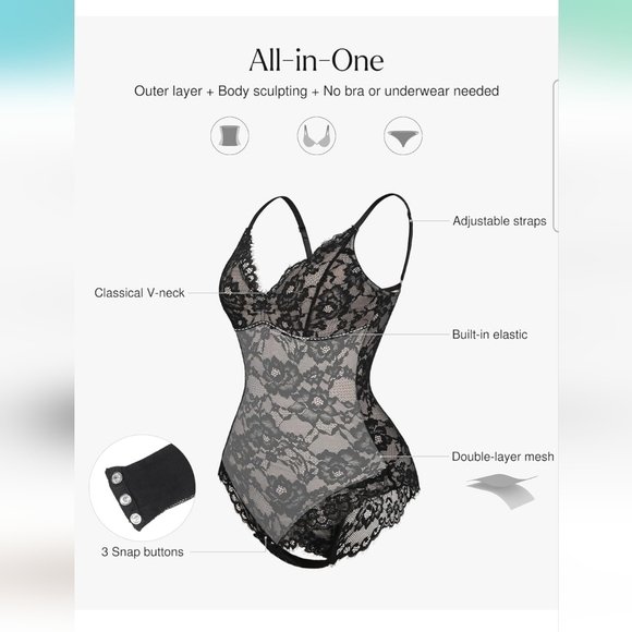 Popilush Black Lace V Neck Shapewear Tummy Control Bodysuit Size 3XL - Picture 3 of 10